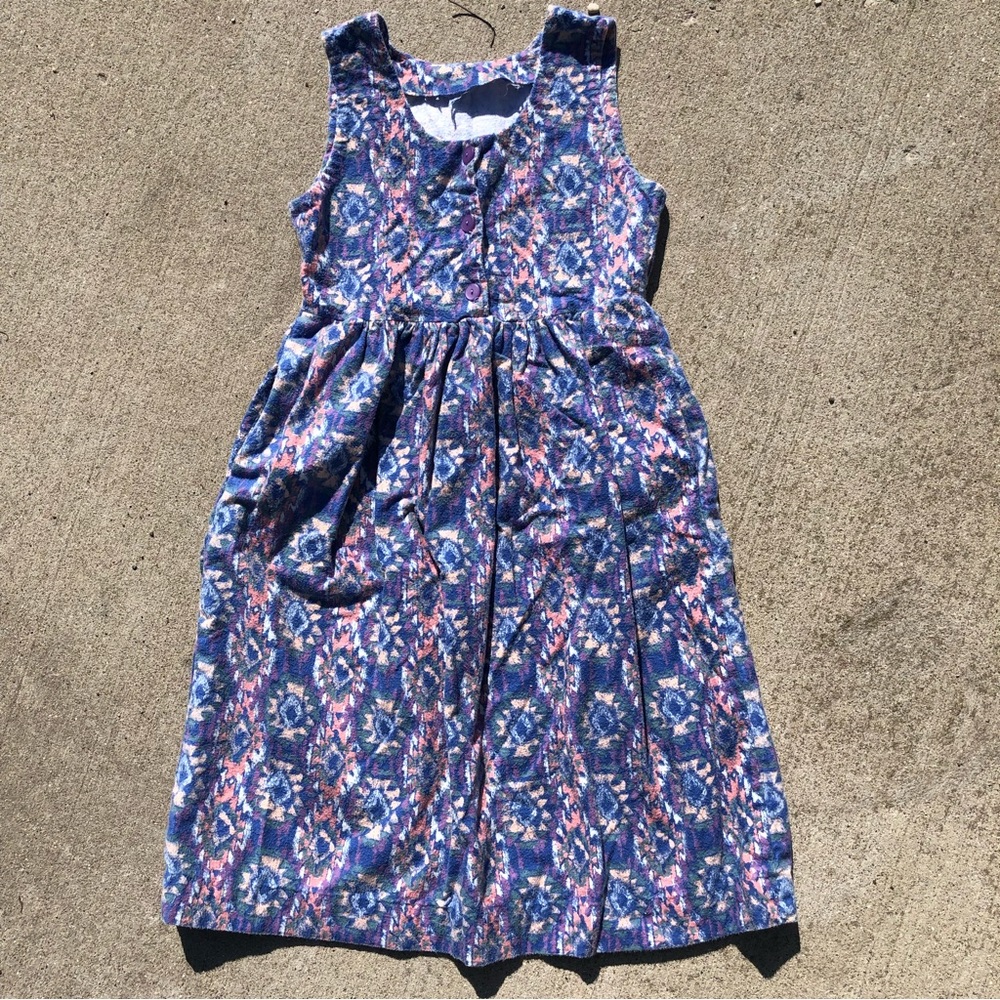 Vintage Handmade Colorful Patterned Fit and Flare Dress Sleeveless buttons felt